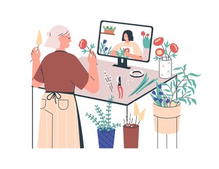 Florist studying at distant online course. Woman with flowers, plants learning floristry at remote botanical floral school at computer. Flat vector illustration isolated on white background
