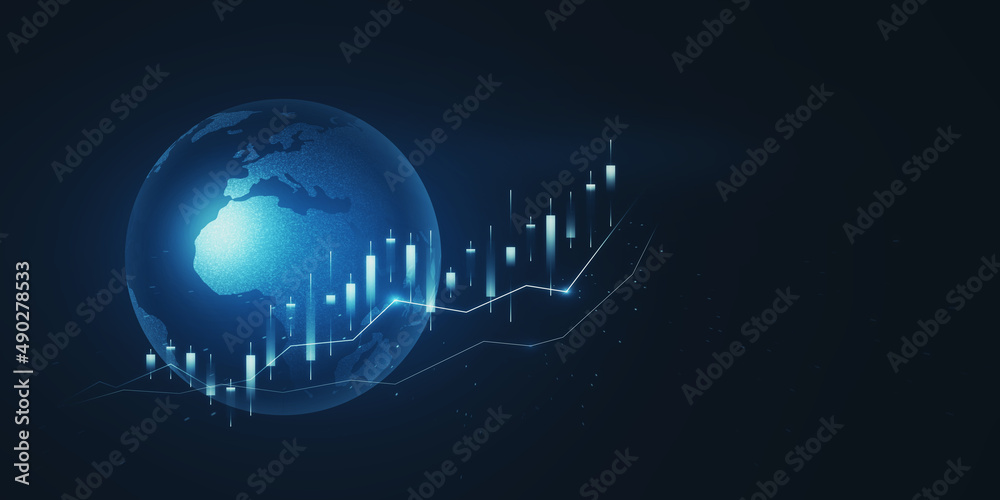Poster glowing blue business chart hologram with globe on blurry background with mock up place. stock, trad
