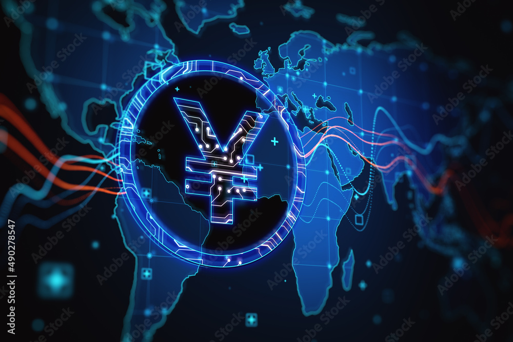Aufkleber abstract glowing blue yen sign and map with charts on blurry backdrop. currency, trade and digital m