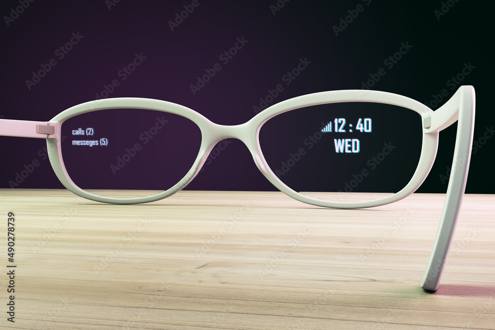 Poster close up of creative augmented reality glasses on wooden desk and purple background. technology and 