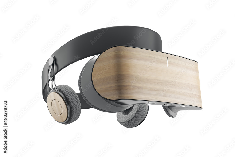 Poster abstract wooden vr glasses with headset on white background. technology and future concept. 3d rende