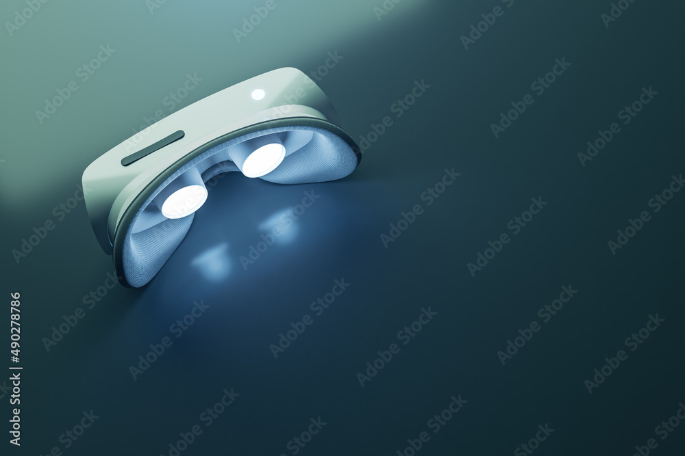 Aufkleber Close up of creative VR glasses on blurry light backdrop with mock up place. Device and augmented reality concept. 3D Rendering.