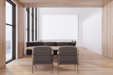 Modern wooden living room interior with blank white mock up banner, window and panoramic city view, comfortable couch and dining table with chairs. Luxury design concept. 3D Rendering.