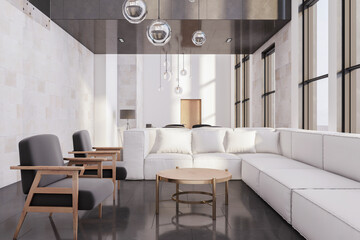 Clean living room interior with window and panoramic city view, comfortable couch and dining table with chairs. Luxury design concept. 3D Rendering.
