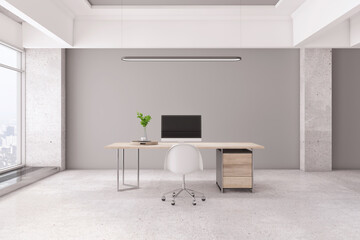 Light concrete office interior with panoramic city view, desktop with computer and daylight. 3D Rendering.
