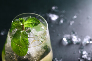  green tea with ice and mint stands on a gray background