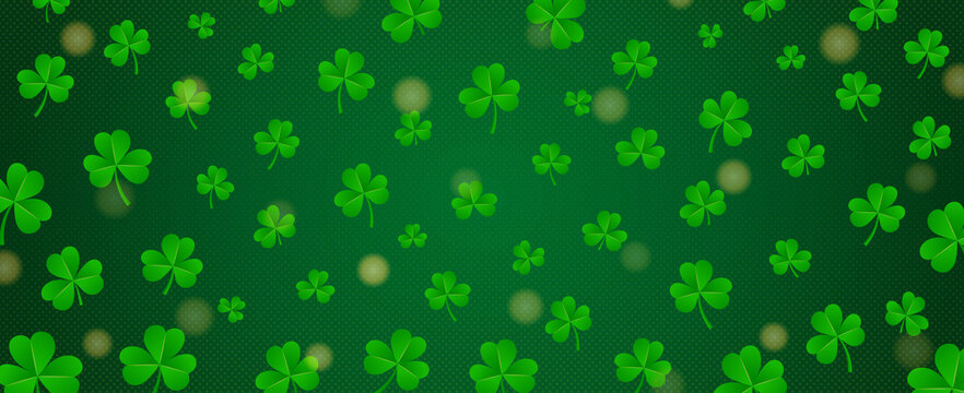 Happy St. Patrick's Day Horizontal Background Banner. Website header wallpaper vector illustration. Realistic Shamrock leaves pattern on dark green texture background. Saint Patrick Graphic resource 