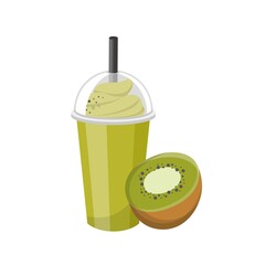 Kiwi flavored fruit smoothie with cream isolated on white background