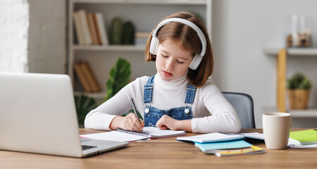 Smart girl making notes during online lesson