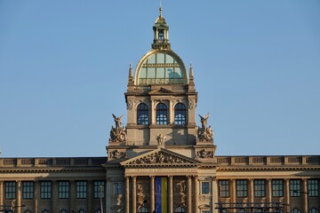 Ukrain flag on National Museum building on Prague as support to Ukraine. High quality photo