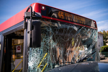 Traffic accident involving public transport trolleybus or city bus. Unbreakable frontal glass...