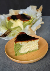 Delicious homemade Japanese pastry. Matcha Burnt Cheesecake. Great snack for tea break, after or before meals , party and gatherings. Soft and creamy with rich green tea flavor.