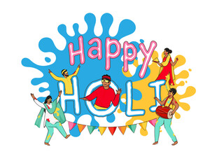 Fototapeta premium Stylish Happy Holi Font With Indian People Playing Colours, Dhol Instrument And Paint Splash Effect On White Background.