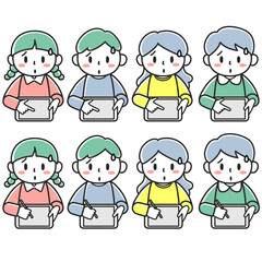 困り顔でタブレット学習をする子どもたち