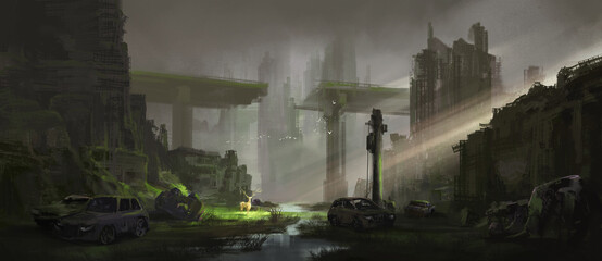 City years after humans disappeared, 3D illustration © liuzishan