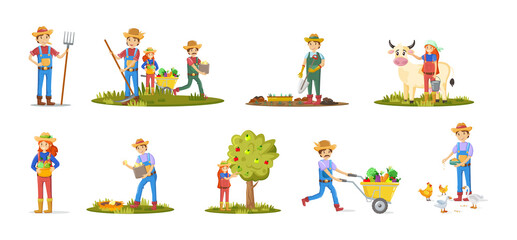Obraz premium Agriculture farm workers set. Man and woman farmers agricultural planting crops, gathering harvest