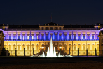 The Royal villa of Monza with ukrainian blue and yellow flag projected on it at night. Solidarity...