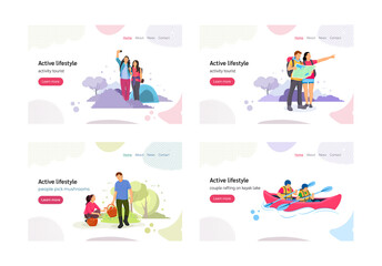 People active lifestyle landing page set couple outdoor leisure activity