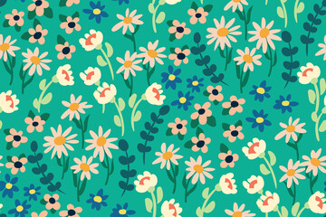 Seamless pattern with chamomile field. Cute floral print with small hand drawn flowers, leaves on a blue field. Romantic botanical background, simple floral surface. Vector illustration.