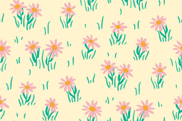 Simple floral background with small chamomile flowers, grass on a light field. Cute floral print, modern botanical background. Trendy floral surface design. vector illustration.