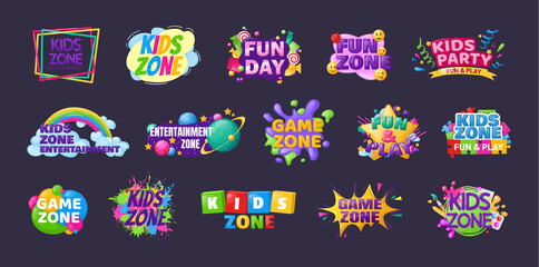 Multicolored kids game zone logotype set. Childish playroom banner label sticker badge logo