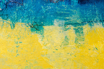 National flag of the country of Ukraine in Acrylic  painted grunge style, blue and yellow  abstract texture background