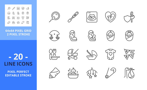 Line icons about pregnancy and baby. Pixel perfect 64x64 and editable stroke