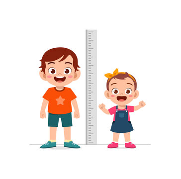 boy and girl measure height and compare grow progress