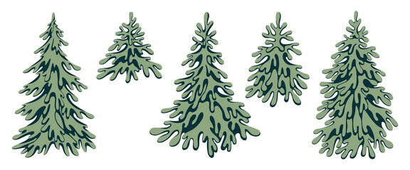 Set of fir trees drawn with abstract shapes. All elements on white background isolated.