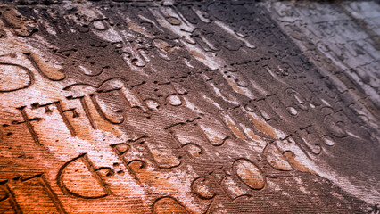 Beautiful inscriptions in Armenian 12th century at the medieval Kobayr monastery in Debed canyon,...