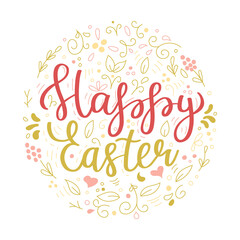 Happy Easter. Floral circle frame. Calligraphy back and white greeting card. Hand drawn design elements. Handwritten brush lettering. Vector illustration on white background.