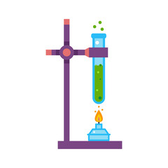 Laboratory equipment, flask, spirit lamp, tripod in flat design. Chemical reaction of the reagent. Medical education. Vector stock illustration
