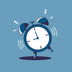 Ringing alarm clock in flat design. Clock icon in line art. Vector stock illustration.