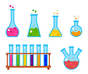 Set of chemical flasks of different shapes in flat design. Equipment for conducting medical experiments on an isolated white background. Vector stock illustration.