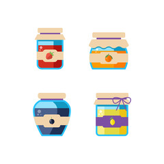 Glass jars with jam: strawberry, lemon, black currant, orange on an isolated white background. Organic food. Canned product in scarlet design. Vector stock illustration.