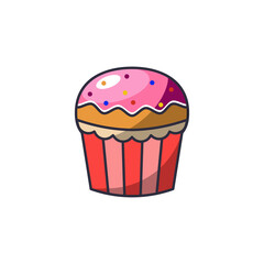 Icon of muffin in glaze in line art. Dessert on an isolated white background. Confectionery food in flat design. Vector stock illustration