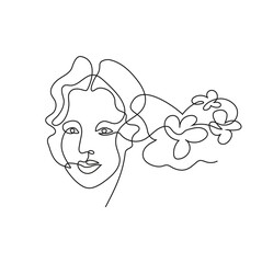 Female face drawn in one line. Continuous line. Vector illustration in a minimalistic style.