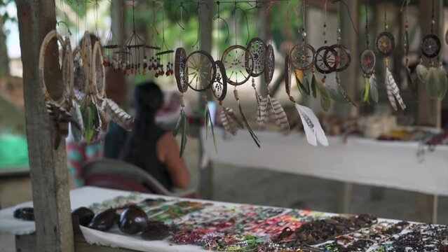 Close-up shot of handmade craft products on display at a market puerto viejo, costa rica