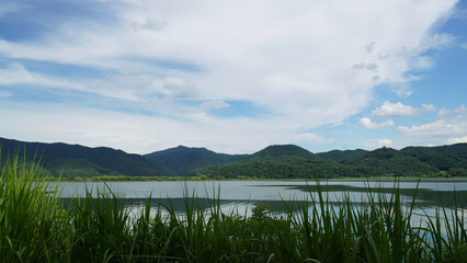 Ungilsan Waterside Park with beautiful low mountains and rivers.