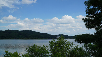 Ungilsan Waterside Park with beautiful low mountains and rivers.