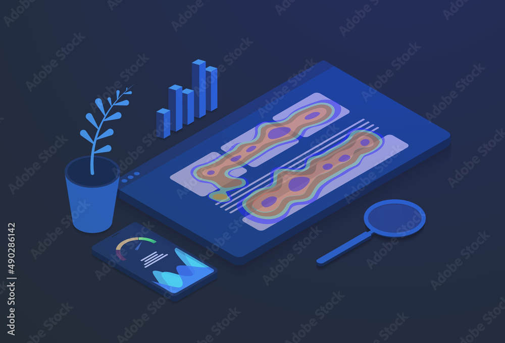 Poster website heatmap insights and behavior analytic digital tools illustration. heatmap and page speed we