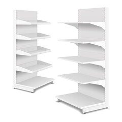 Mockup Blank Empty Double Sided Showcase 3D Display With Retail Shelves. Trading Rack. Mock Up, Template. Illustration Isolated On White Background.