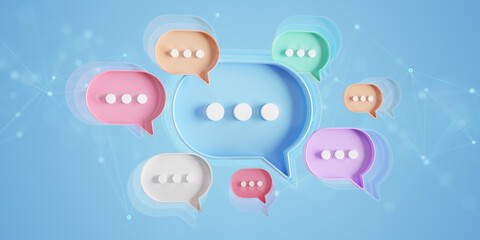 Minimalist blue red orange green purple speech bubbles talk icons floating over background. Modern conversation or social media messages with shadow. 3D rendering