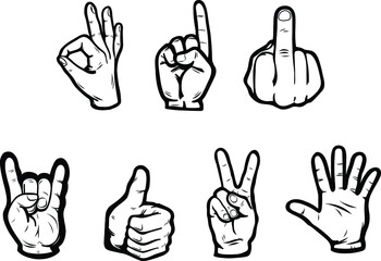 A set of 7 hand gestures. Simple Outline Icons no fill. Thumbs up victory palm middle finger one rock and ok sign. - obrazy, fototapety, plakaty