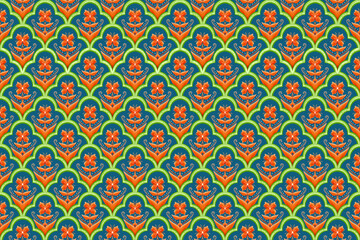 Orange Flower on Indigo Blue, Green Geometric ethnic oriental pattern traditional Design for background,carpet,wallpaper,clothing,wrapping,Batik,fabric, illustration embroidery style