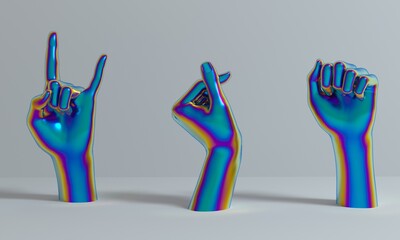 3D illustration of hands with different gestures: horn sign, Korean finger heart, fist.