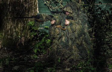 Sniper killed ukrainian soldiers. Battle of the military in the war. Military soldier or officer with weapons.