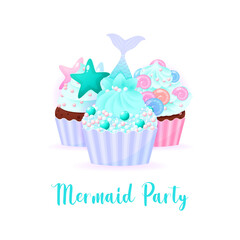 Mermaid party card. Illustrations of birthday cupcake decorated with cream, pearl sprinkles and mermaid tail. Vector 10 EPS.