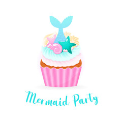 Mermaid party card. Illustrations of birthday cupcake decorated with cream, pearl sprinkles and mermaid tail. Vector 10 EPS.