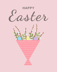 Happy Easter greeting card with an inscription and a bouquet of willow branches, eggs and green leaves. Vector illustration.